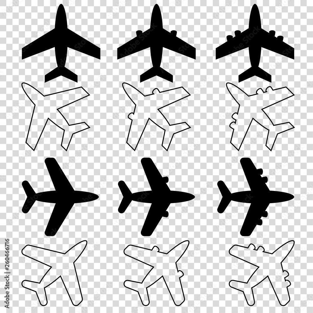 twelve black white plane icons empty background