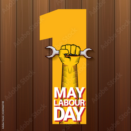 Happy labour day vector label with strong orange fist on wooden background. vector happy labor day background or banner with man hand. workers may day poster