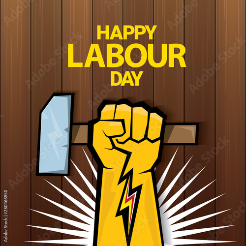 Happy labour day vector label with strong orange fist on wooden background. vector happy labor day background or banner with man hand. workers may day poster