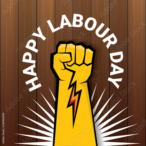 Happy labour day vector label with strong orange fist on wooden background. vector happy labor day background or banner with man hand. workers may day poster