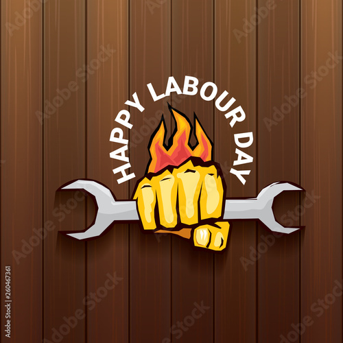 Happy labour day vector label with strong orange fist on wooden background. vector happy labor day background or banner with man hand. workers may day poster