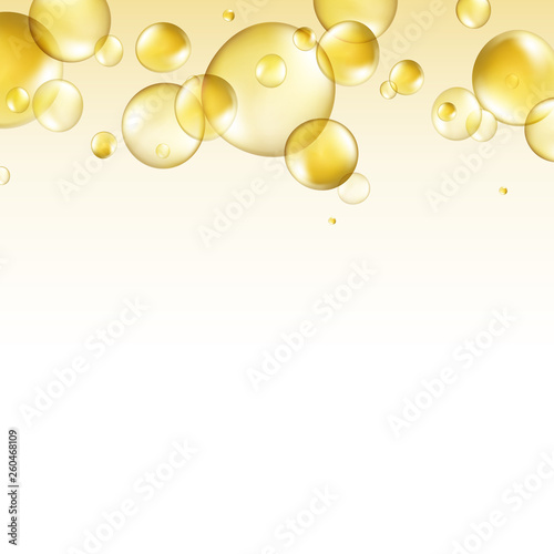 Oil gold bubbles isolated on white background. Cosmetic pill capsule of vitamin E. Golden balls template. Vector realistic serum droplets of drug or collagen essence with place for text