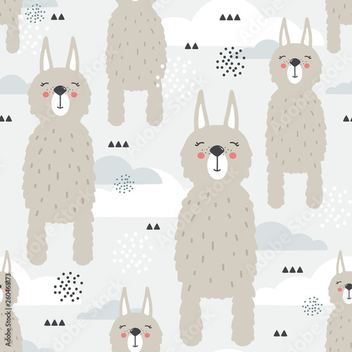 Lamas, clouds, hand drawn backdrop. Colorful seamless pattern with animals. Decorative cute wallpaper, good for printing. Overlapping background vector, happy alpacas. Llama