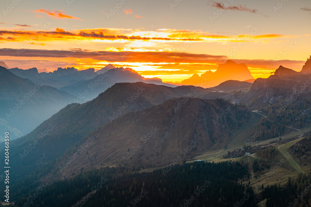 Italain Alps at sunrise, Passo Pordoi, Dolomites, Italy.