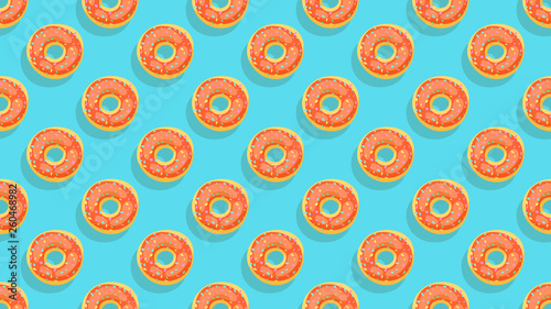 Sweet donuts.Colorful glazed pastries seamless background. Orange caramel toppings bakery with decorations top view.Cartoon flat style vector illustration.