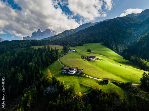 Santa Maddalena village in front of the Geisler, Val di Funes, Italy, Europe.