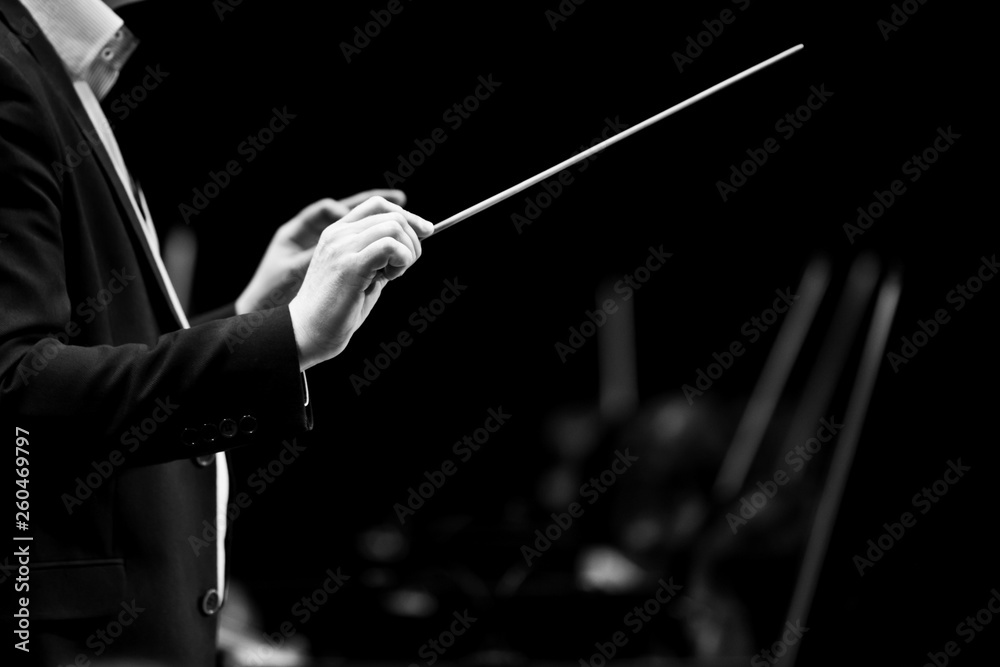  Hands of conductor closeup in black and white 