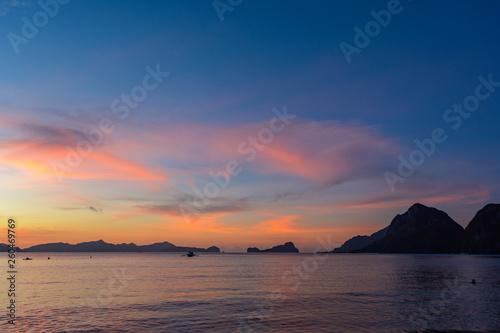 El Nido Palawan  Philippines. Tropical sunset in the sea. Cloudy landscape in the sea. 