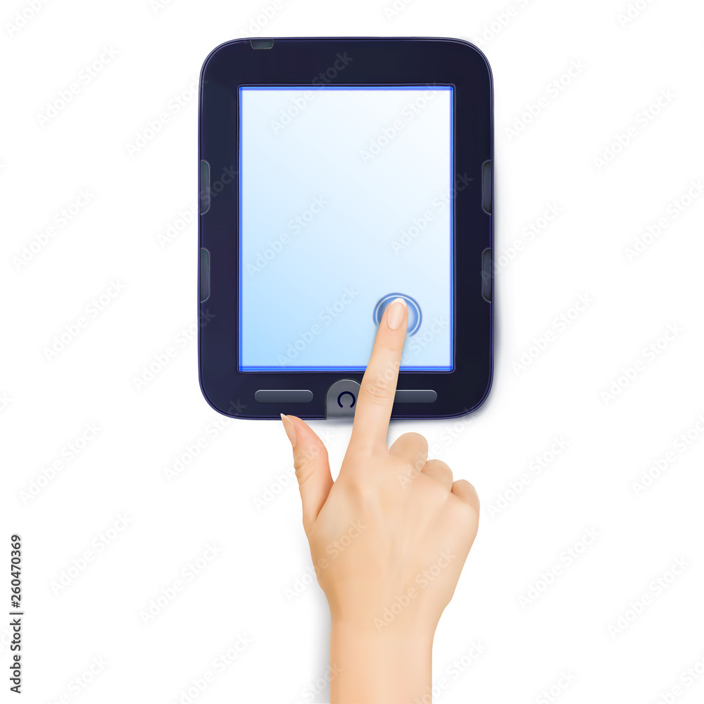 Hand touches the screen of the tablet. Vector realistic illustration isolated on white background. Hand touches the screen of the tablet. Vector realistic illustration isolated on white background.