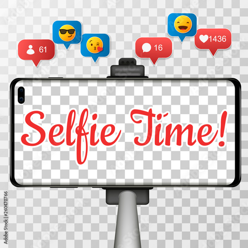 Monopod Selfie stick with the inscription Selfie time, empty smartphone screen for your design.
