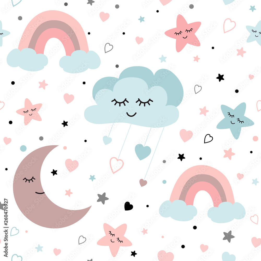 Cute sky seamless pattern Baby vector design with smiling sleeping moon hearts stars rainbow clouds. Baby illustration.