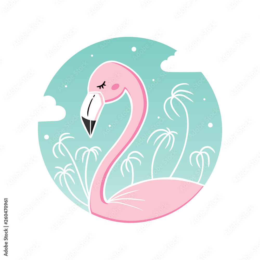 Cute cartoon vector illustration of pink tropical flamingo on turquoise ...