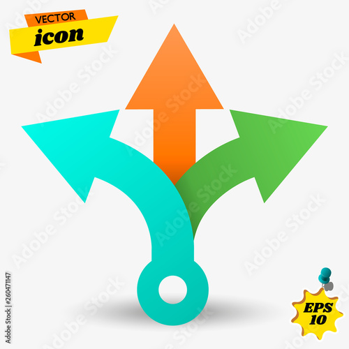 Three way direction arrows. Simple color triple arrow heads sign.