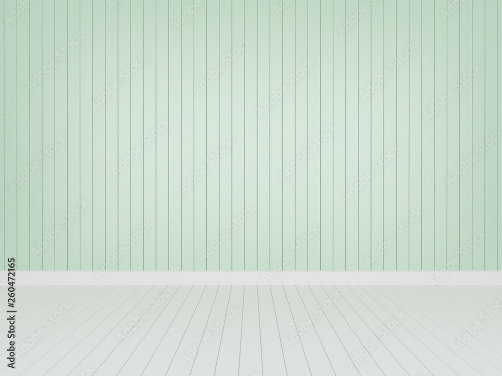 green wood wall with white wood floor ,3d rendering empty room green wood wall with white wood floor ,3d rendering empty room
