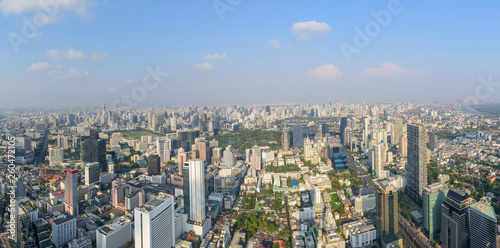 Panorama high view of the city in sunset time 