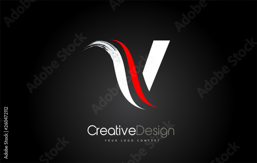 White and Red V Letter Design Brush Paint Stroke on Black Background