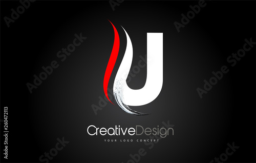 White and Red U Letter Design Brush Paint Stroke on Black Background