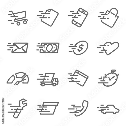 Fast Speed Icon Set. Contains such Icons as Fast Service, Delivery, Speed, Run ,Boost and more. Expanded Stroke