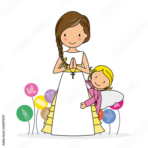 my first communion. Little girl with angel