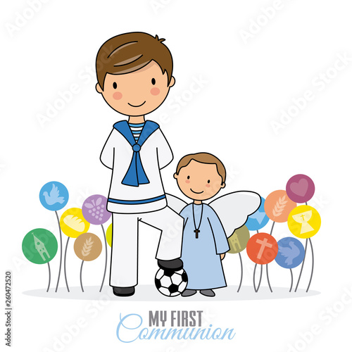 my first communion. Little boy with angel 
