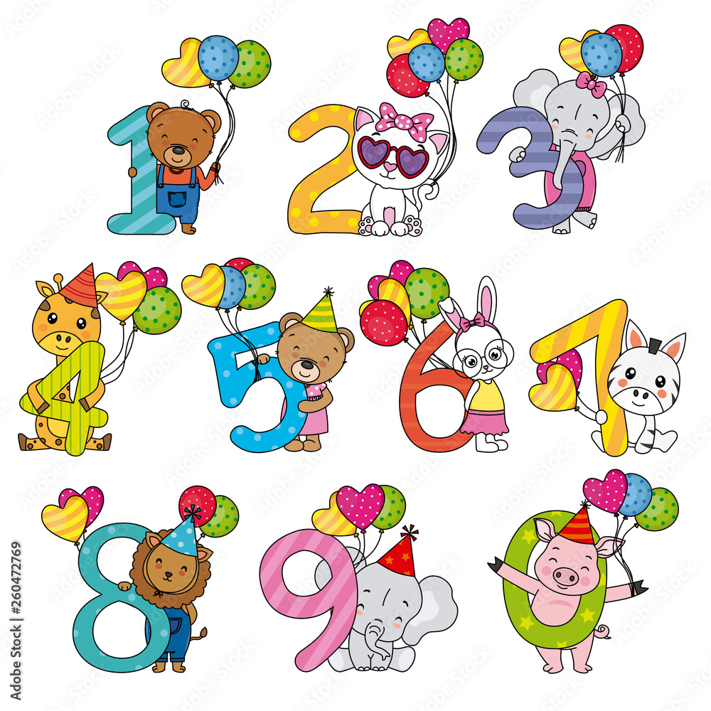 animals-with-numbers-from-1-to-10-with-balloons-and-party-hats-stock