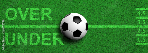 Football betting. Soccer ball, over and under text on green grass, banner, 3d illustration
