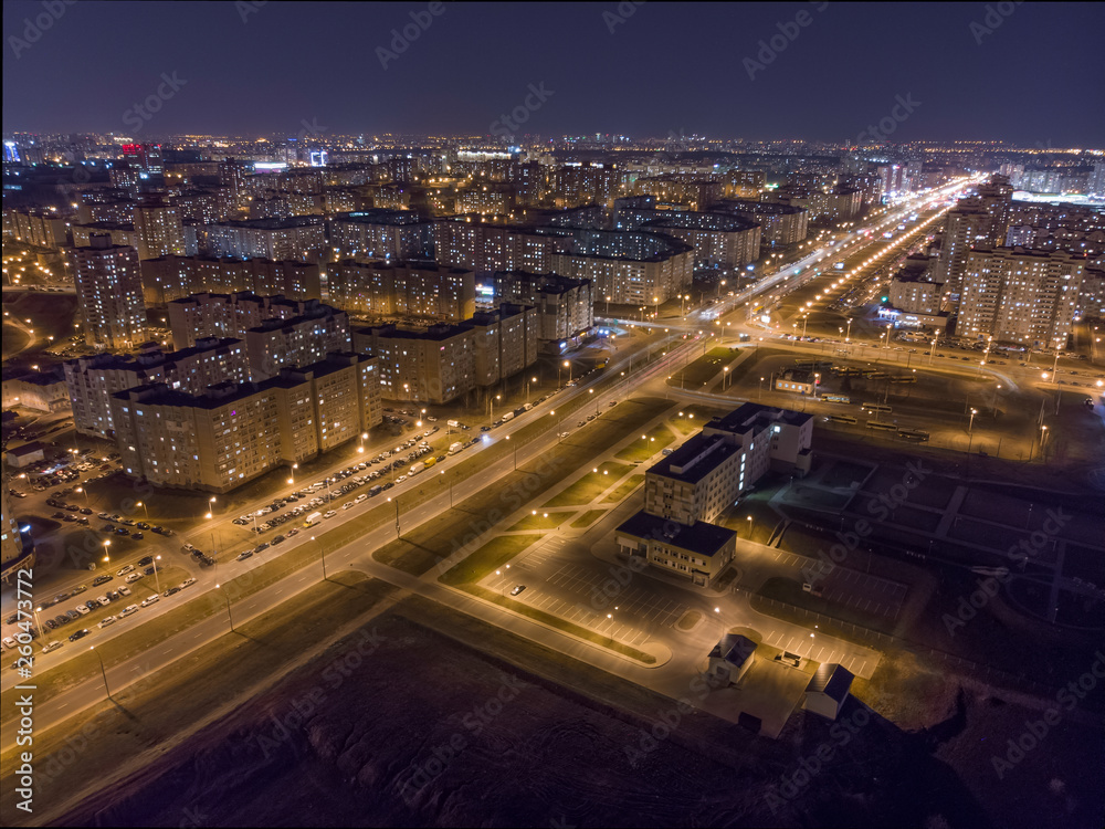 View of night Minsk, Belarus. Drone aerial photo