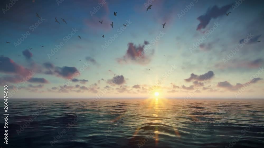 Flight oversea against beautiful sunrise, 4K