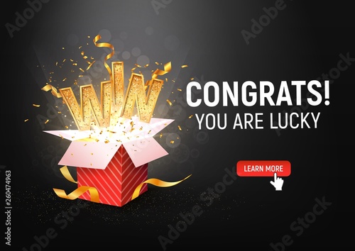 Open textured red box with confetti explosion inside and win gold word on dark background landscape orientation illustration