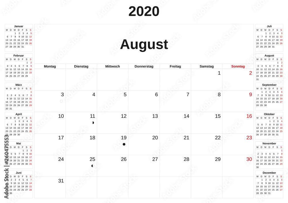 2020 a monthly calendar with white background in German. 2020 a monthly calendar with white background in German.