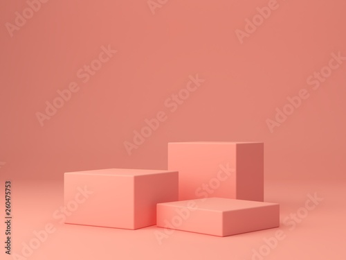Pink coral shapes on a coral abstract background. Minimal boxes and geometric podium. Scene with geometrical forms. Empty showcase for cosmetic product presentation. Fashion magazine. 3d render. 