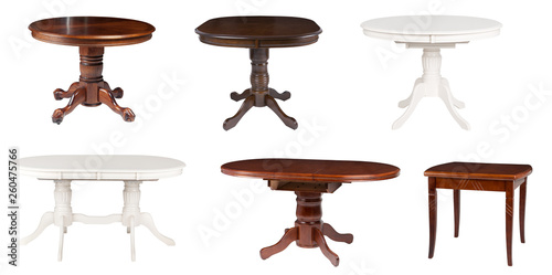 Set of different wooden tables isolated on white.