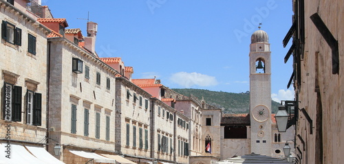 Dubrovnik Croatia, bell tower of old town seen from main street Stradun