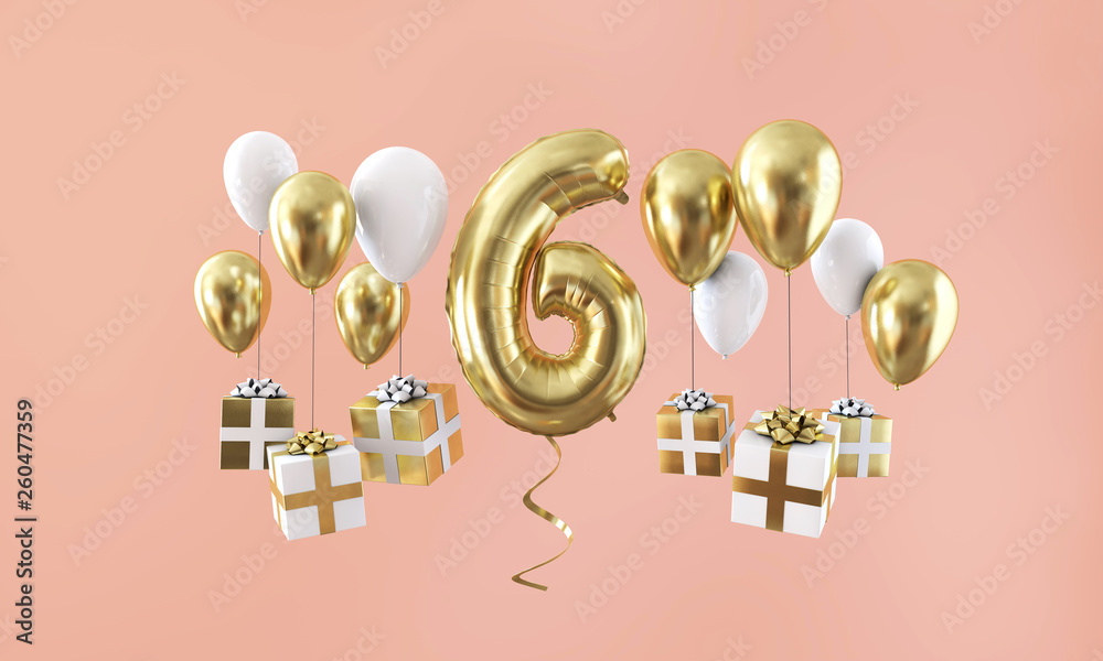 Number 6 birthday celebration gold balloon with presents. 3D Render - obrazy, fototapety, plakaty 
