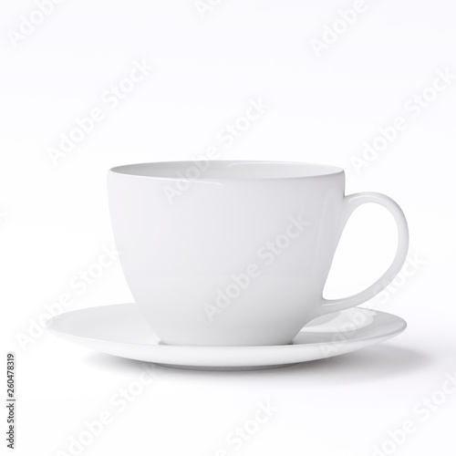 Empty white cup with saucer on white background. 3d image