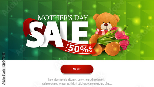 Mother's day sale, greeting green card with beautiful lettering, frame for text and Teddy bear with a bouquet of tulips