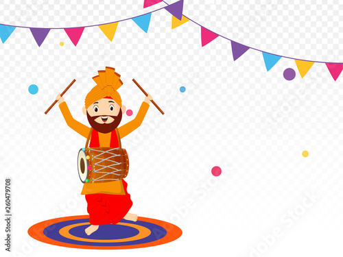 Cute punjabi man dancing while playing drum, on decorative png background.