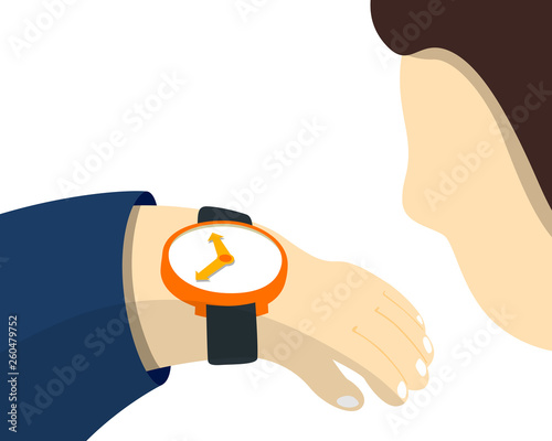 Wristwatch on businessman hand in suit. Man with clock checks time management planning and control concept for effiecient succesful and profitable business. Flat vector illustration