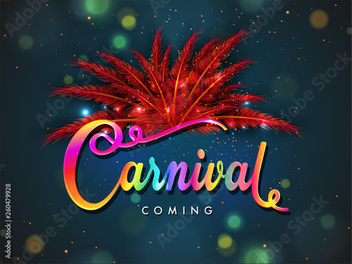 Red feather decorated colorful text Carnival on blue bokeh background for party celebration poster or banner design.