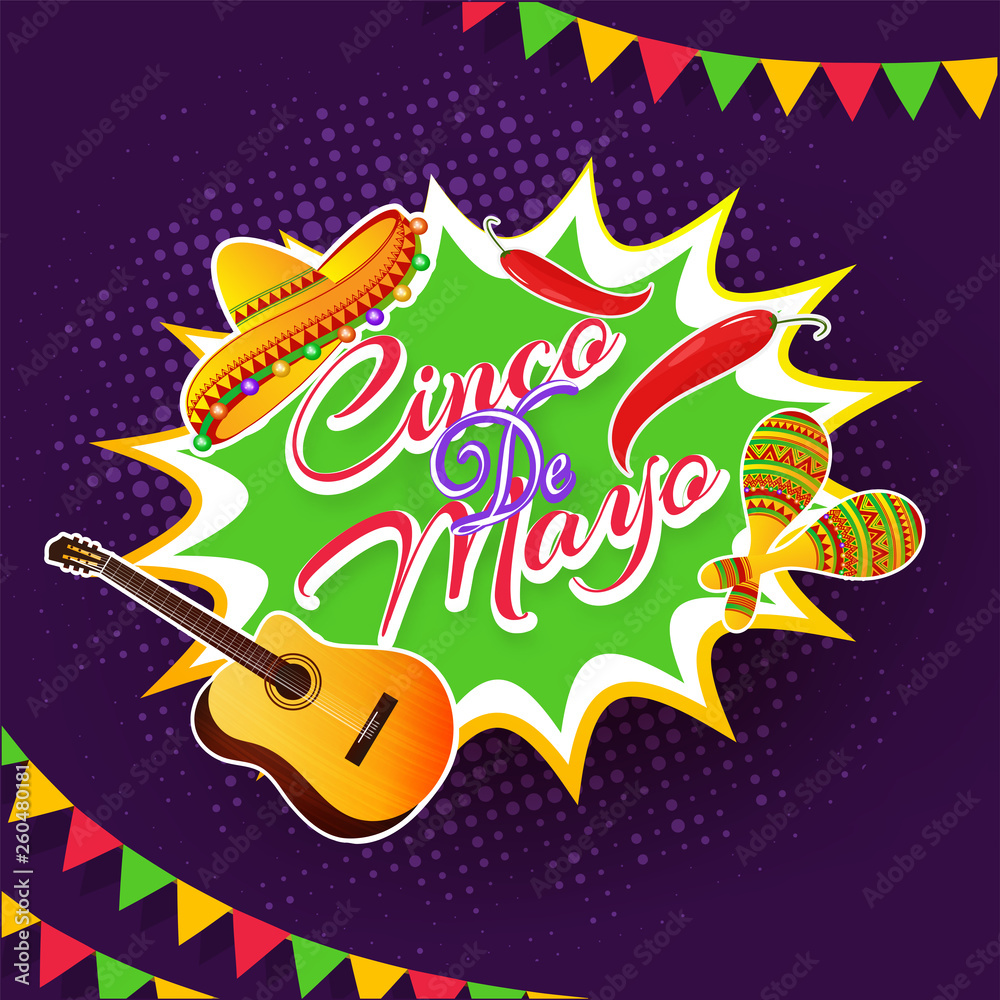 Pop art poster design with illustration of sombrero hat, red chilli and music instrument in sticker style for Cinco De Mayo celebration concept.