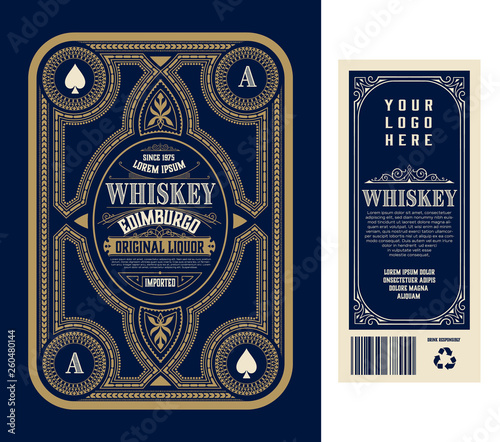 Vintage liquor labels, front and back side. Western style photo
