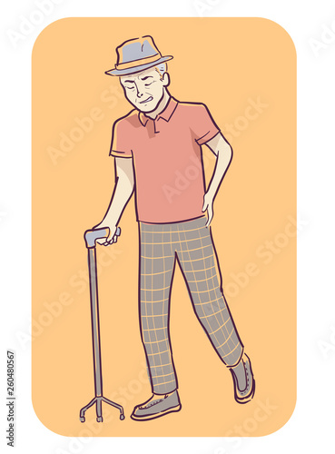Senior Man Symptom Limping Cane Illustration