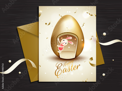 Greeting card design for Easter celebration with a cute bunny sneaking out from the egg.