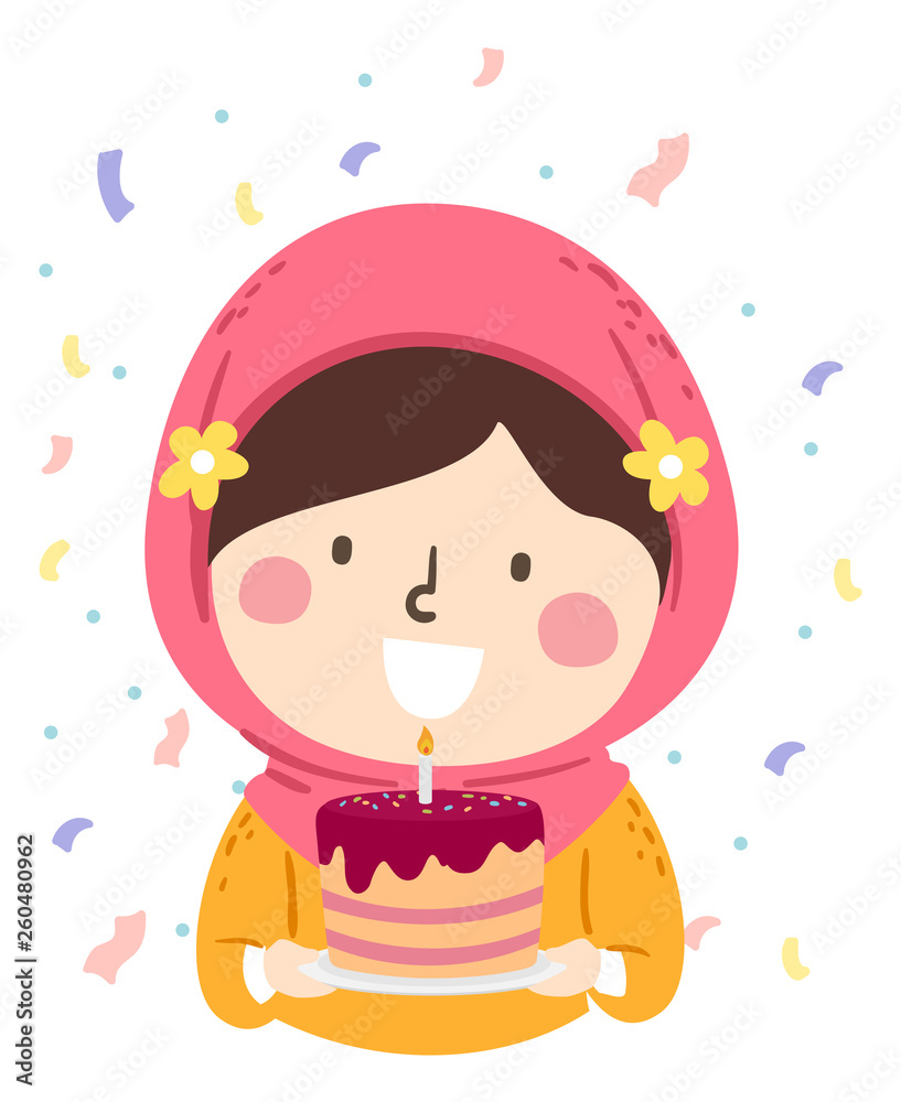 Kid Girl Muslim Birthday Cake Illustration Kid Girl Muslim Birthday Cake Illustration