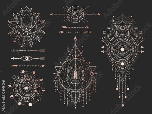 Vector set of Sacred geometric symbols and figures on black background. Gold abstract mystic signs collection.