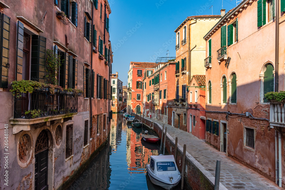 Italy, Venice, view of a canal between the buildings.
