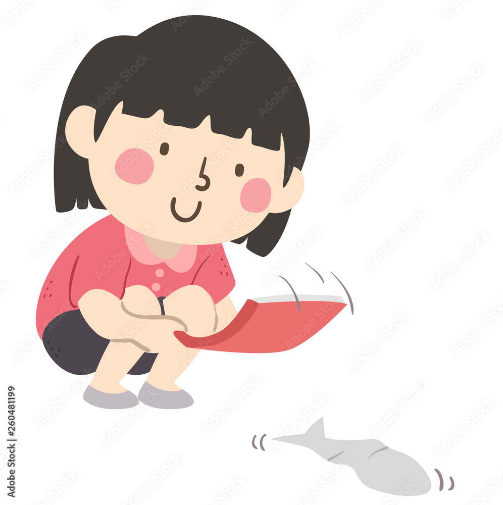 Kid Girl Paper Fish Race Illustration