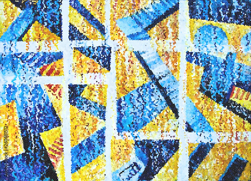 Mosaic abstraction created from white and blue stripes on a yellow background