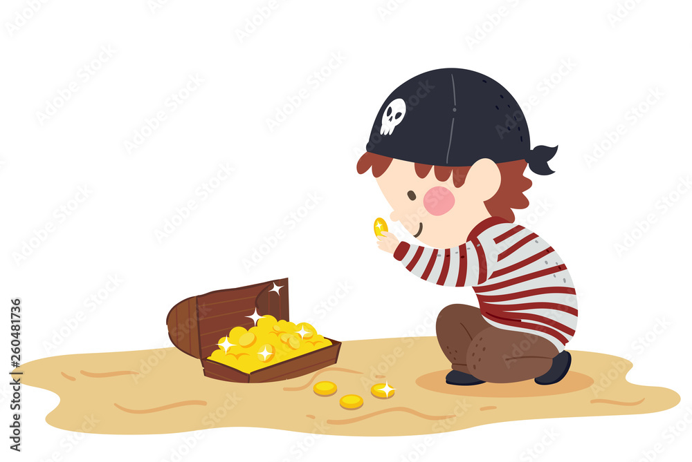 Kid Boy Pirate Found Treasure Chest Illustration