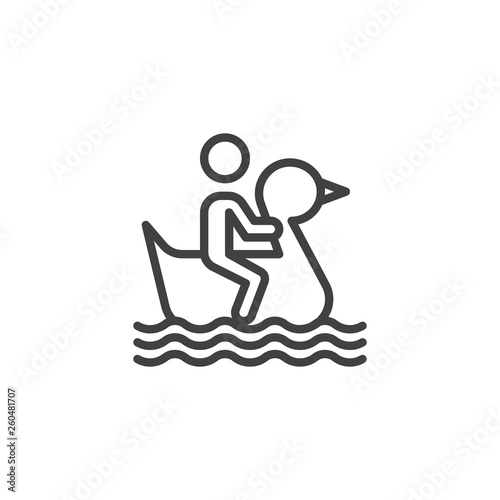 Man floating inflatable swan on water line icon. linear style sign for mobile concept and web design. Person sitting on inflatable swan in swimming pool outline vector icon. Symbol, logo illustration